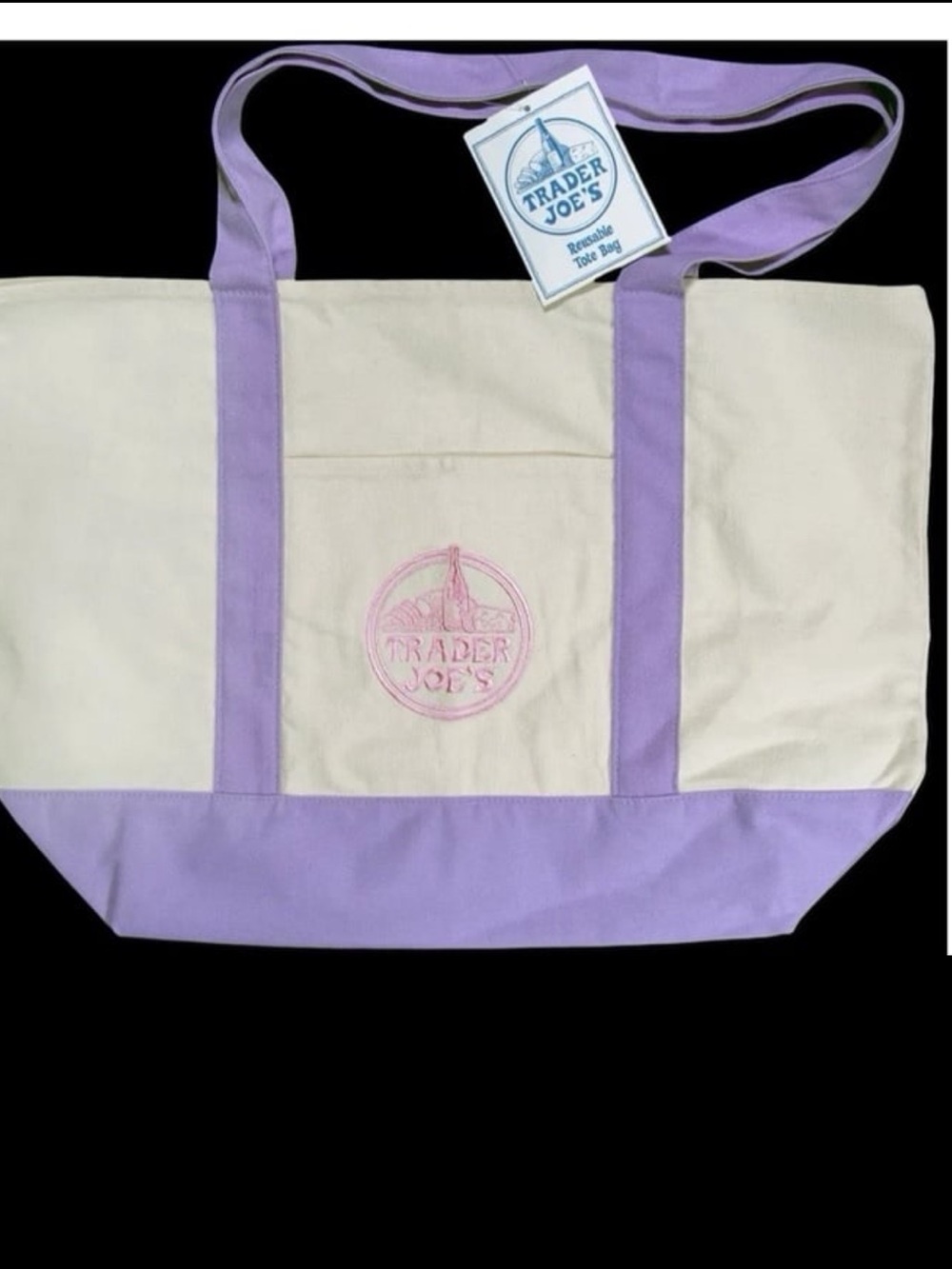 NWT Trader Joe’s Pastel Lavendar Large Canvas Tote Bag with Pink Logo